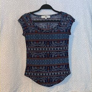 WF Indie Tee shirt, elephant tapestry design with white, blue, & orange.